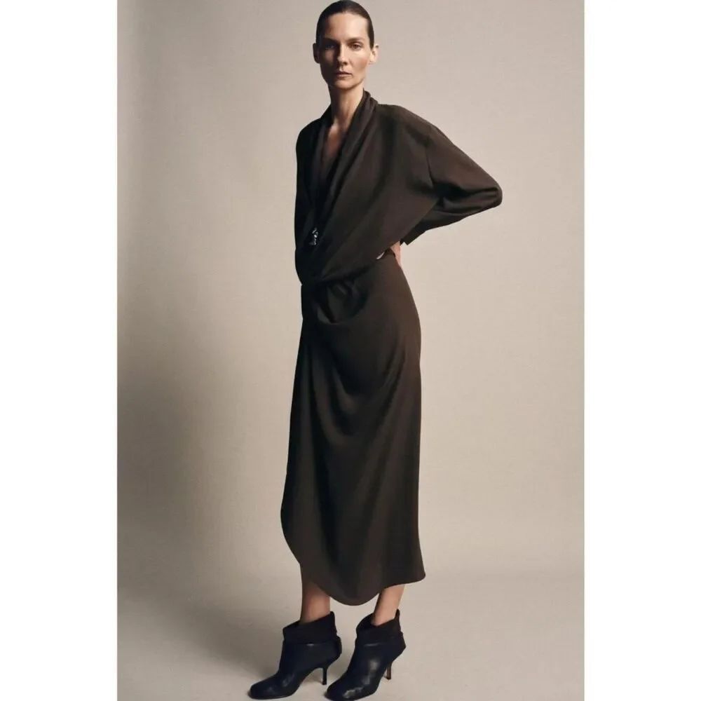 Zara ZW Womens Gathered Long Dress Large Dark Brown Pleated Draped 8939/201 NWT